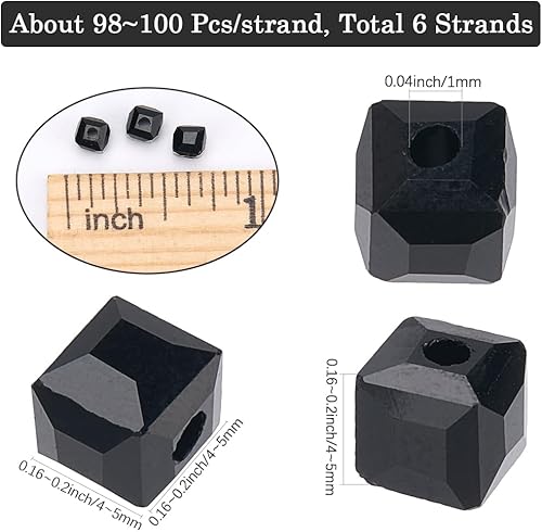 SUNNYCLUE 1 boîte D'Environ 600 pièces 6 brins de Perles Carrées Noires en Verre en Vrac de 4mm en Cristal à Facettes Petits Espaceurs Lâches avec Trou pour la Fabrication de Bijoux Bracelets Colliers - Nail Gallerys
