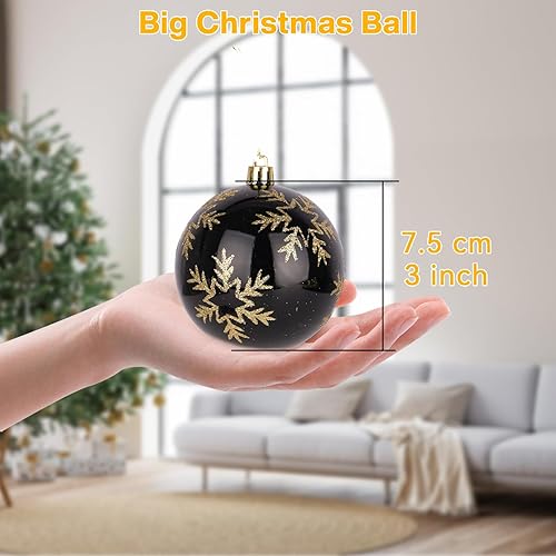Lot de 62 Boules de Noël en Plastique - Grandes : 7,5 cm Boules de Noël Noires, dorées, incassables - Décorations de Sapin de Noël réutilisables avec Suspension pour l'intérieur et l'extérieur - Nail Gallerys