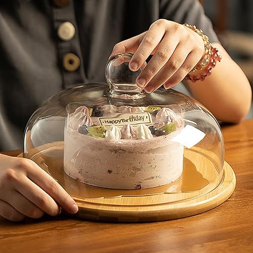 UPKOCH PréSentoir à GâTeaux en Verre Et Bambou - Cloche HygiéNique, Plateau Rond pour PâTisserie, Fromage, Desserts - IdéAl pour La Maison Et Les RéCeptions, DiamèTre 26 Cm - Nail Gallerys