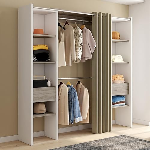 IDMarket - Dressing Extensible Double Meryl 120/180 x 50 x 180 cm Blanc avec étagères hêtre + Double penderie + Rideau Taupe - Nail Gallerys