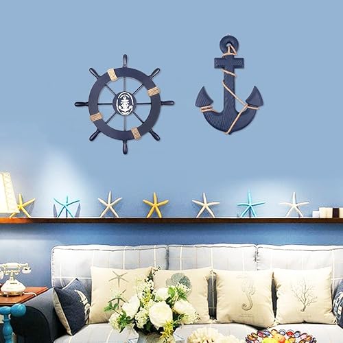 Fangoo Lot de 2 volants de bateau en bois de 28 cm et ancre en bois de 33 cm avec corde, gouvernail de direction nautique, décoration murale à suspendre pour porte - Nail Gallerys