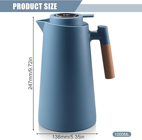 Thermos à thé 1 l avec affichage de la température, cafetière isotherme avec poignée en bois, théière thermique, avec bouton de sécurité simple, pour la maison, l'hôtel, le bureau, bleu - Nail Gallerys