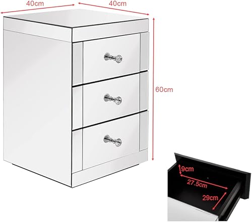 Table de Chevet Miroir en Verre, Meuble de Rangement avec 3 Tiroirs pour Chambre, Salon, Bureau, 40 x 40 x 60 cm (2) - Nail Gallerys