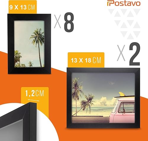 Postavo Lot de 10 cadres photo en bois de qualité supérieure - Différentes tailles - 18 x 13 - Noir - Collage - 28 x 18 cm - Format portrait ou paysage - À poser ou à suspendre - Nail Gallerys