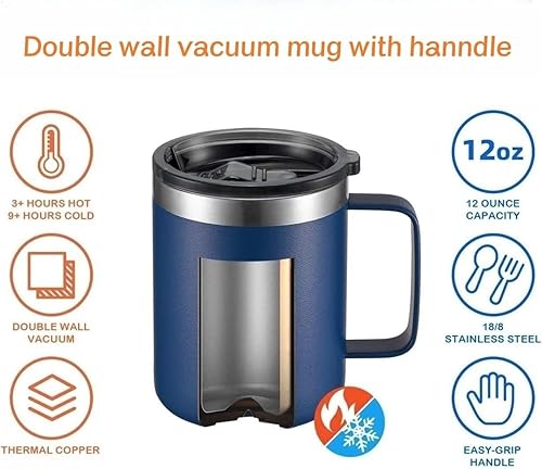 Gteller Tasse à café de 355 ml avec poignée, double paroi isotherme en acier inoxydable pour garder au chaud et au froid (bleu marine) - Nail Gallerys