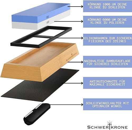 Schwertkrone Pierre à Aiguiser Haute Qualité Double Face 1000/6000 - Support Bambou Antidérapant pour Affûtage Professionnel de Tous Couteaux - Nail Gallerys