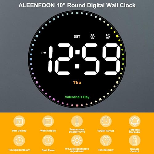 ALEENFOON Horloge Murale Ronde numérique de Grande Taille de 10 Pouces avec télécommande, Horloge numérique avec 2 alarmes/température/Date/Heure/Festival/luminosité réglable/Compte à rebours - Nail Gallerys