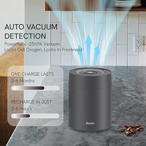 OutIn Boîte Électrique à Café en Acier Inoxydable - Conservation Automatique sous Vide, Commande par Un Bouton, pour Café Moulu/Baristas/Maison, 500 ml (Noir) - Nail Gallerys
