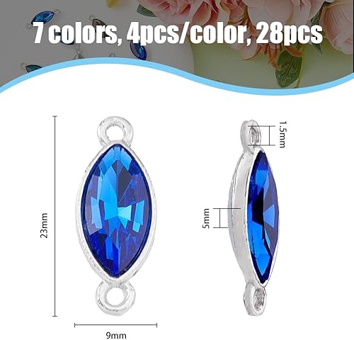 HOBBIESAY 28Pcs 7 Couleurs Perles de Verre Oeil de Cheval Strass Charmes Liens Connecteurs 2 Trous Liens Charmes avec Alliage Dos Ouvert Lunette Apprêts pour DIY Boucle - Nail Gallerys