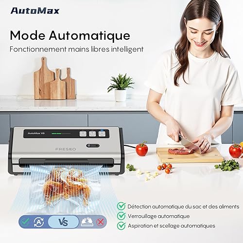 FRESKO Machine Sous Vide Alimentaire Automatique, Double Thermoscellage, Coupe-sac Intégré et Rangement des Sacs, Mode Humide et Sec, Utilisation à une Main, Avec 2 Sacs en Rouleau (Automax V6) - Nail Gallerys