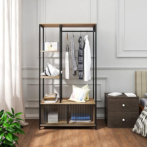 WOLTU Portemanteau avec Compartiment de Rangement, Portant à Vêtements en Bois et Métal pour Les Chambres, Chêne Clair - Nail Gallerys
