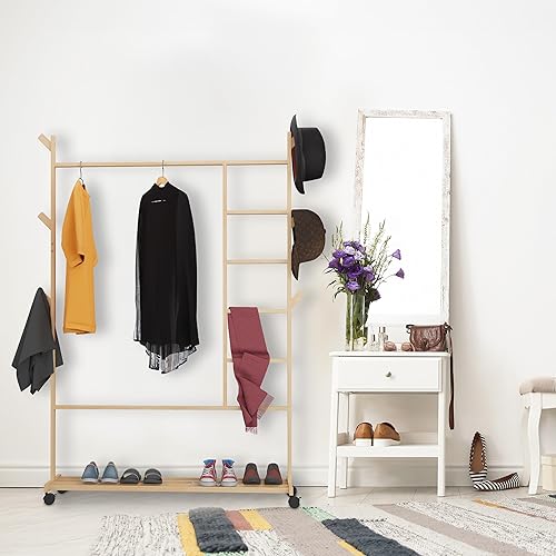 Relaxdays Portemanteau sur roulettes, en Bambou, 6 Crochets, H x L x P : 154 x 114 x 33 cm, Nature - Nail Gallerys