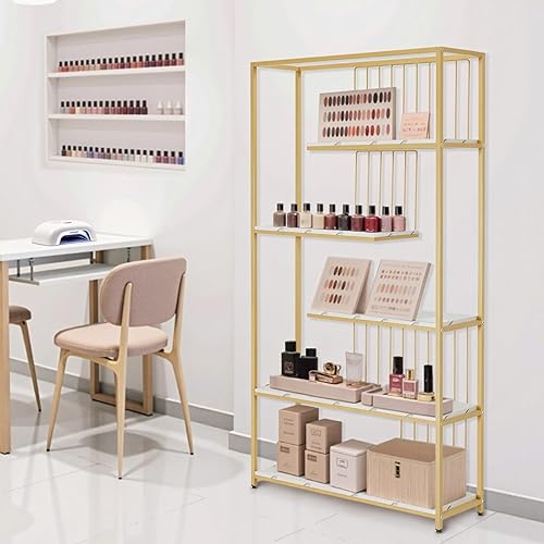 BarberPub bibliothèque, étagère sur Pied à 5 Niveaux, étagère de Bureau avec Cadre métallique, étagère pour Bureau, Salon, Chambre, Cuisine, Salon de manucure, marbre Blanc Or, 30x100x180cm, 5177 - Nail Gallerys