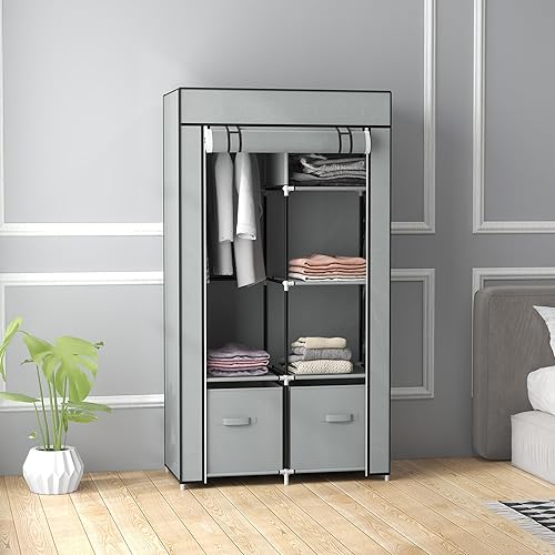 HOMCOM Armoire en Tissu Armoire à vêtements avec 5 Compartiments, Tringle à vêtements, penderie avec Fermeture éclair, Armoire Pliante pour Couloir, entrée, Gris Clair, 83 x 42,5 x 162,5 cm - Nail Gallerys