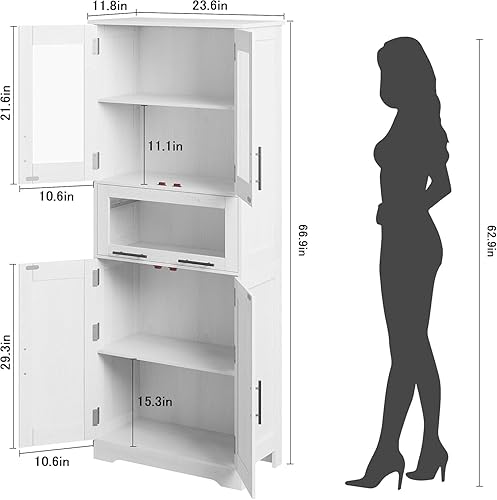 Armoire de Salle de Bain Haute, 4 Portes et 5 Niveaux, Colonne,Anti-basculement,avec Verre Transparent et Étagères Réglables, Meuble de Rangement Salle de Bain pour Salon Cuisine 170x60X30cm, Blanc - Nail Gallerys
