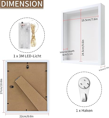 Brmeday Cadre photo 3D, profond, à remplir, avec lumière LED, 25 x 20 cm, pour objets jusqu'à 3 cm, blanc, idéal pour mariage, bureau, cadeaux de fête des pères - Nail Gallerys