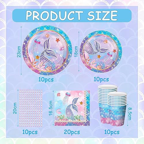 Set de vaisselle de fête sirène - Décoration d'anniversaire sirène - Assiettes en carton pour 10 invités - Avec assiettes, pailles, tasses, serviettes pour fille - Pour anniversaire, fête prénatale - Nail Gallerys