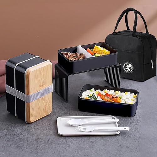 Ruucy Bento Lunch Box avec Sac Isotherme, 1400ml 2 Couches Boite Repas Compartiment pour Adulte et Enfant, Micro Onde, Hermétique Boîtes Bento pour Travail École Pique Nique (Noir) - Nail Gallerys