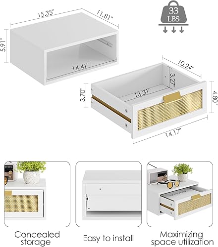HEYZOEY Table de chevet flottante en rotin avec tiroir - Étagère flottante pour salon, salle de bain, chambre à coucher - Blanc - Nail Gallerys
