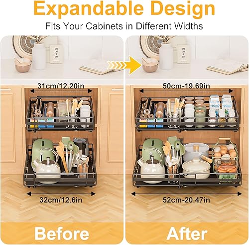 2 Pièce Tiroir Télescopique Tiroir Coulissant Cuisine Adhesif Organisateurs D'armoire Coulissants Etagere Rangement Cuisine Telescopique Largeur Réglable (2 Tailles:41x(32-52)x9cm/39x(31-50)x9cm - Nail Gallerys