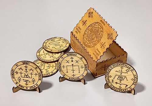 Sceaux des 7 Archanges, Médailles en Bois avec Sigiles Mystiques, Boîte Décorative, Set de Protection Spirituelle - Nail Gallerys