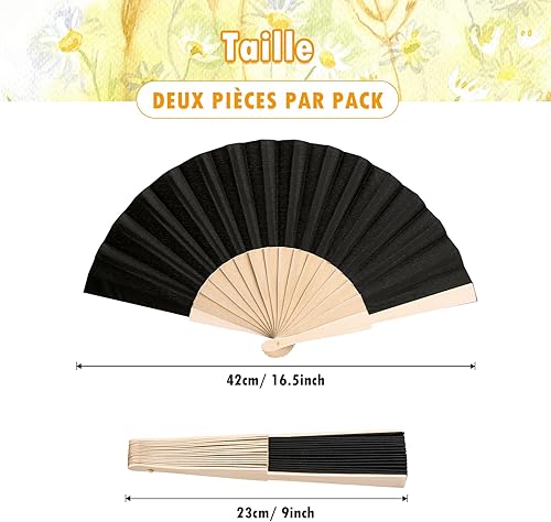 GWHOLE Eventail Noir en Bois, 2pcs Éventails à Main en Tissu Polyester Solide Moderne, Evantaille Personnalisable DIY pour Cadeau Decoraion Mariage Homme Femme Enfant - Nail Gallerys