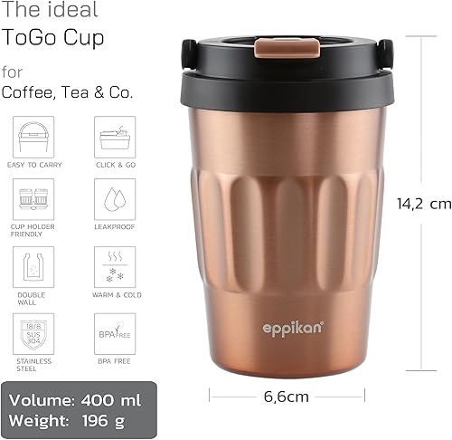 eppikan eppiCafé Mug Isotherme en acier inoxydable 400 ml - Tasse thermique étanche avec poignée pliante, Gobelet de voyage sans BPA (Electric Blue) - Nail Gallerys