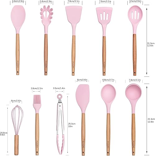 ZCOINS Ensemble d'ustensiles de cuisine en silicone 18 + 1 pièces avec poignées en bois et support (rose) - Nail Gallerys