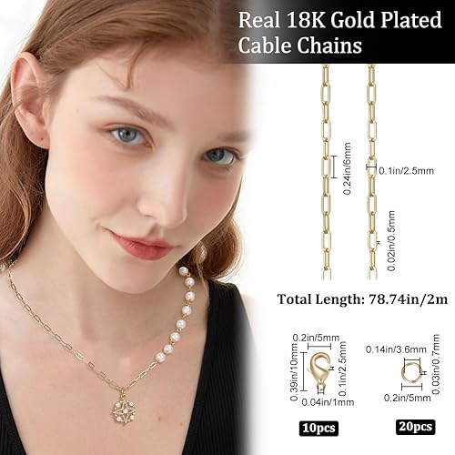 Beebeecraft 1 boîte de Chaîne Trombone de 2 m Plaqué Or 18 carats avec 10 fermoirs Mousquetons et 20 Anneaux Ouverts pour la Fabrication de Bijoux - Nail Gallerys