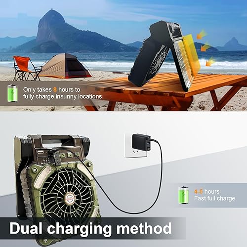 GY Ventilateur Camping Solaire Portable avec Lumière LED et Minuterie - Ventilateur de Table Rechargeable USB 10400mAh, 4 Vitesses Silencieux pour Bureau, Jardin, Pêche et Voyage - Nail Gallerys