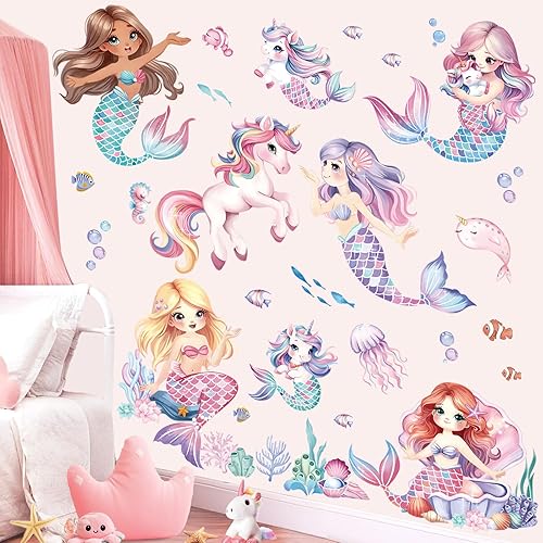 decalmile Stickers Muraux Licorne Sirène Autocollant Mural Sous la Mer Océan Algues Décoration Murale Chambre Enfants Bébé Fille Salle de Bain - Nail Gallerys