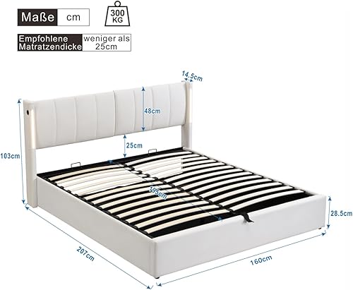 PUGSDRLY Lit rembourré 180 x 200 cm, lit hydraulique de, Cadre de lit avec Prise USB Rechargeable au Chevet avec éclairage LED, lit Adulte avec Espace de Rangement,avec tête de lit réglable, PU,weiß - Nail Gallerys
