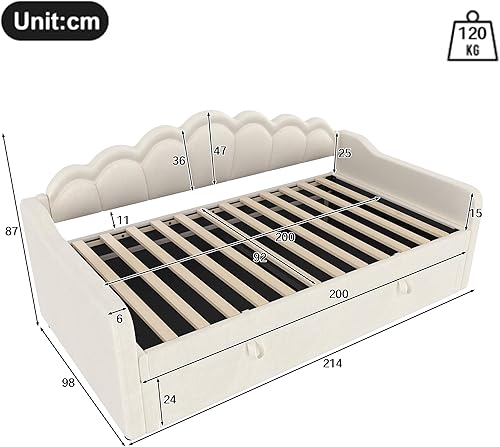 Zepneiy Lit 90x200 avec lit gigogne 90x190, Canapé lit avec sommier à Lattes, Lit Rembourré 90x200 Velours Beige (sans Matelas) - Nail Gallerys