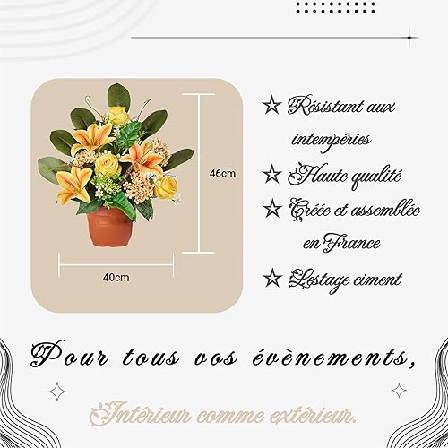 Fleur Artificielle Jaune et orange Avec Vase Lesté | Composition florale Lys Et Rose | Fleurs artificielles déco | Plantes Artificielles Interieur Extérieur | Fleur Artificielle cimetiere | Décoration - Nail Gallerys