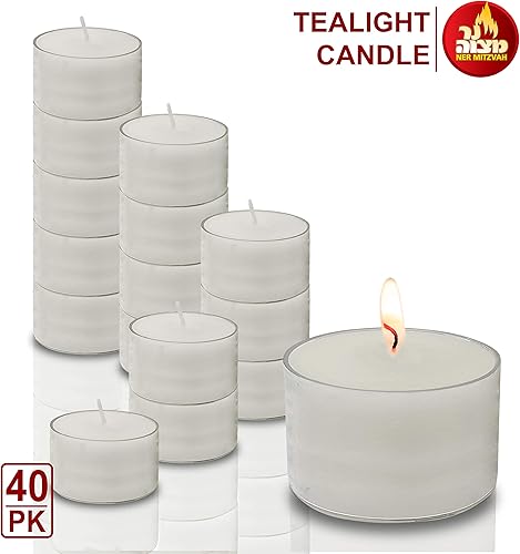 Ner Mitzvah Bougies Chauffe Plat - Lot de 40 - Lot Bougies Chauffe Plat Blanches Non Parfumées dans une Coque Transparente - Longue Durée de Combustion - 8 Heures - Nail Gallerys