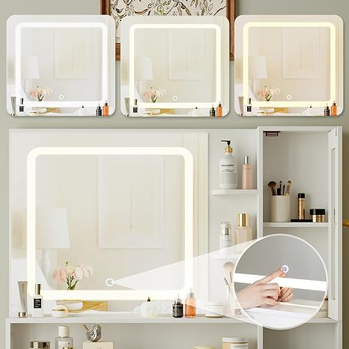 HOOBRO Coiffeuse avec Miroir LED, 3 températures de Couleur, Table de Maquillage avec tiroir, étagères, vitrine, Moderne et épurée, Cadre métallique, pour Chambre, Blanc EWT90DSZ01 - Nail Gallerys
