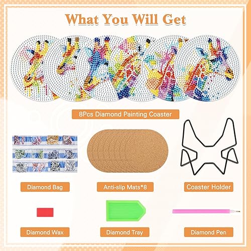 NAIMOER 6 Pièces Peinture Diamant Dessous de Verre, Girafe Diamond Painting Dessous de Verre Absorbants en Liège et Céramique avec Support en Métal Lapin Animaux Diamant Painting Dessous - Nail Gallerys