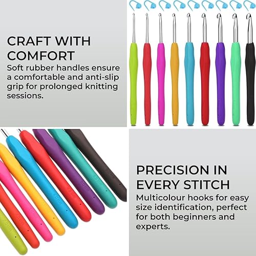 H&S Set Crochet Tricot - 9pcs - Kit Crochets en avec Poignée Douce en Caoutchouc - 12 Marquages de Points de Verrouillage - Aiguille Haute Qualité et Sachet de Rangement - Nail Gallerys
