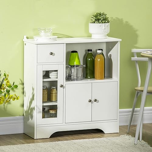 HOMCOM Buffet de Cuisine Meuble de Rangement Moderne avec Porte en Verre, tiroir, Grande Niche et étagères réglables, 80 x 30 x 82 cm, Blanc - Nail Gallerys