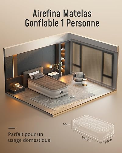 Airefina Matelas Gonflable 1 Place, Lit Gonflable avec Pompe Intégrée, Gonflage Rapide en 2 Minutes, Lit Gonflable Individuel pour Camping et Déménagement Familial - 99 x 190 x 40 cm, Jusqu'à 295 KGS - Nail Gallerys