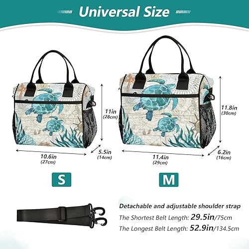 Mnsruu Grand sac à déjeuner isotherme, vintage, tortue de mer, étoile de mer, carte de mer, boîte à déjeuner réutilisable pour bureau, travail, école, pique-nique, plage, sac fourre-tout avec sangle - Nail Gallerys