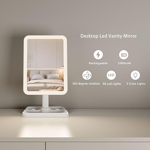 GASHIO Miroir cosmétique avec 68 LED – 3 modes d'éclairage (chaud, neutre, froid), capteur tactile, rotation à 360°, charge USB-C, batterie 1000 mAh, miroir de maquillage sans fil - Nail Gallerys