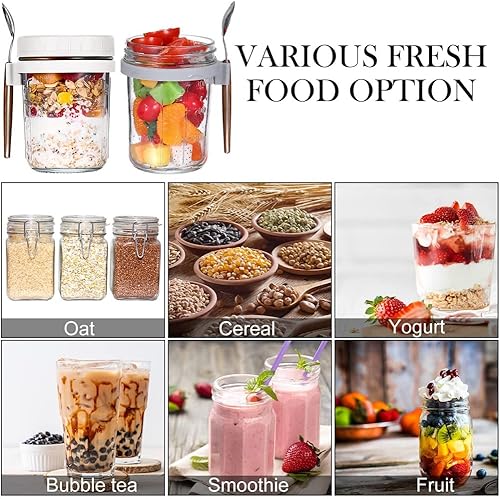 Qusedwey Lot de 4 pots à avoine Overnight avec cuillères Airtight - Avec marques de mesure - Nail Gallerys