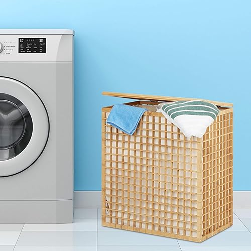 Relaxdays Panier à linge bambou coffre à linge 2 compartiments corbeille sac linge 96 litres HxlxP: 62x56x35 cm, nature - Nail Gallerys