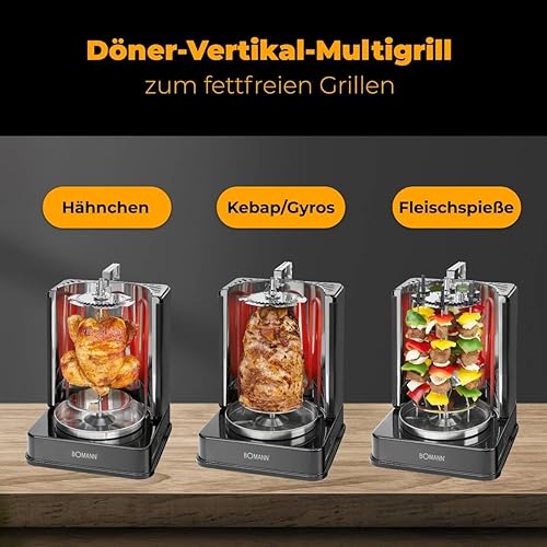 BOMANN DVG 3006 CB - Multi-grill vertical - 1400 Watts - Interrupteur marche/arrêt - Voyant lumineux - Avec accessoires - Broche rotative - Noir - Nail Gallerys