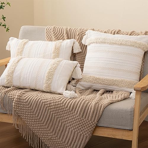 Gevvnss Lot de 2 Boho Housse de Coussin 30x50 cm,Decoration Coussin Canapé Rectangulaire avec Pompons,pour Chambre à Coucher,Canapé Chambre Chaise Lit,Beige - Nail Gallerys