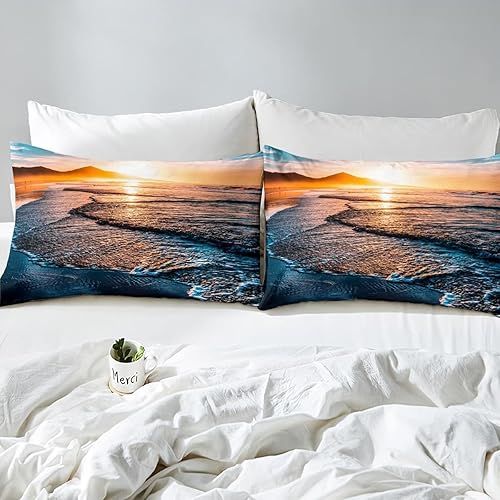 Drap Housse 140x190 cm Vue sur la Mer, 3D Coucher de Soleil Drap-Housse en Microfibre, Drap Plat 2 Personnes, Drap Housse avec 2 Taie d'oreillers pour Matelas Épais Q/L1719 - Nail Gallerys