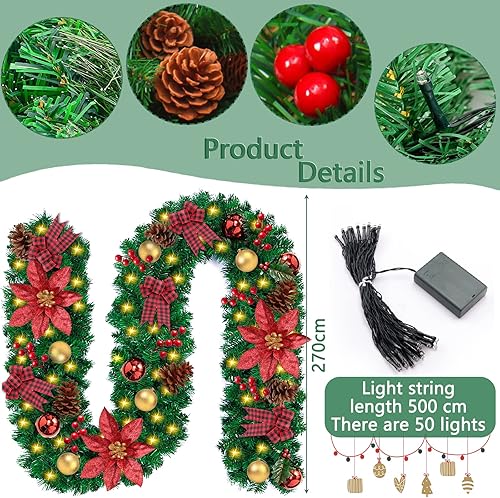 Purpledi Guirlande de Noël, Couronne de Noël Artificielle avec lumières, 270cm Guirlande Sapin Lumineuse, Decoration Noel Interieur Sapin Convient Aux Patios,avec Boules Rouges et Fleurs - Nail Gallerys