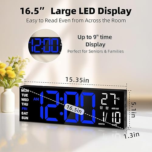 Mee 2ou Horloge Numérique Murale 16,5' avec Minuteur, Lumière Nocturne, 2 Réveils, 8 Couleurs RGB, Réglage Auto de la Luminosité, Température, Date, 24/12 Heure pour le Salon, Chambre, Bureau, Seniors - Nail Gallerys