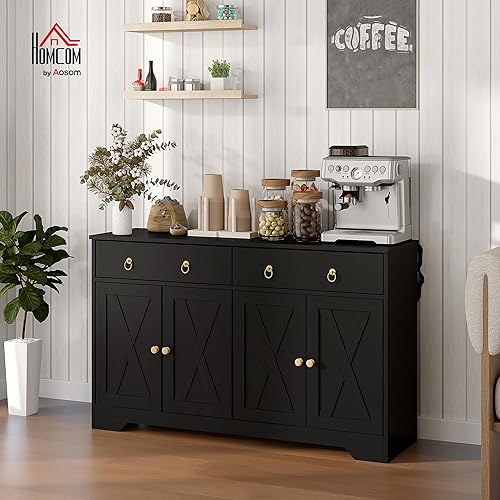 HOMCOM Buffet Meuble de Rangement Armoire de Cuisine Style Rural 2 tiroirs et 2 placards avec étagères à hauteurs réglables - dim. 121L x 37l x 75H cm Noir - Nail Gallerys